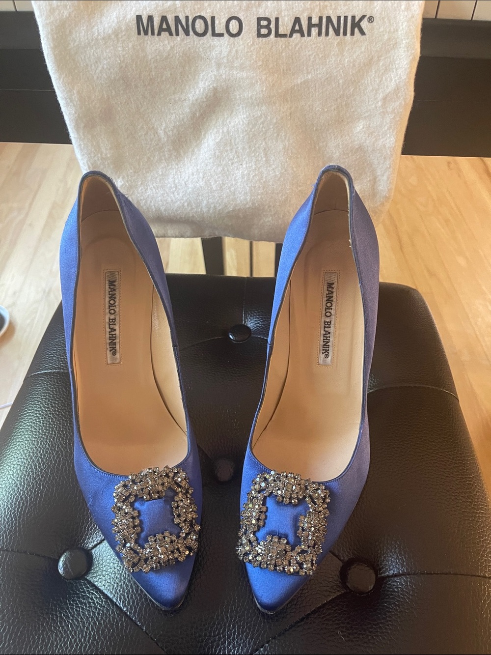 Manolo Blahnik Royal Blue Satin Pointed Toe Pumps with Crystal Buckle - Picture 1 of 11